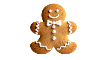 A delicious and festive gingerbread man cookie, adorned with icing details, a bow tie, and a charming smile. This delightful treat is perfect for the holidays or any time of year.