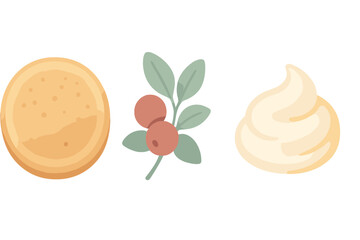 Stylized round biscuit, fresh red berries, and whipped cream dessert ingredients