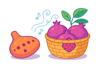 Orange ocarina musical instrument resting beside a wicker basket filled with purple pomegranates and green leaves