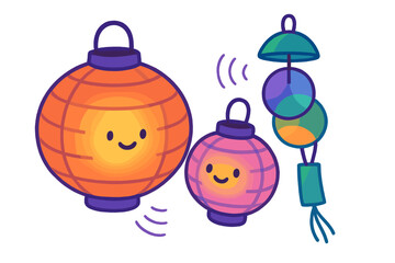 Cute Japanese paper lanterns and traditional wind chime set with smiling faces