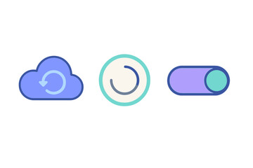 Modern user interface icons set featuring cloud synchronization, loading progress indicator, and on/off toggle switch