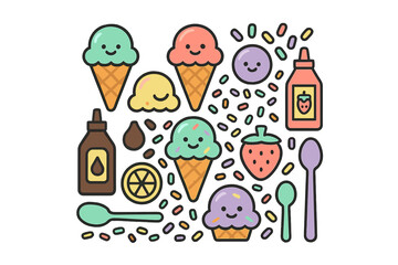 Colorful collection of smiling ice cream cones and dessert toppings with happy faces