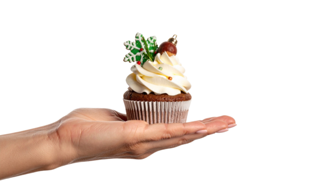 A close-up shot of a hand gently holding a delicious cupcake with a festive ornament