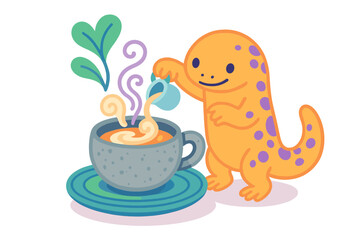 Adorable orange spotted creature pouring cream into a large steaming cup of coffee