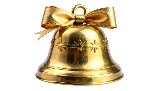 A golden bell adorned with a ribbon, perfect for holiday greetings and festive occasions