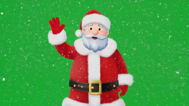 A friendly cartoon Santa Claus in his classic red suit waves hello amidst a festive snowy green backdrop.