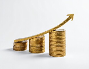 Rising trend of golden coins showing financial growth with an upward arrow representing success and progress