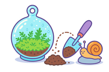 Cute snail and shovel adding soil and plants to a hanging glass terrarium garden
