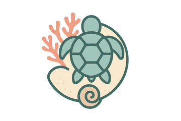 Obraz premium Minimalist sea turtle swimming above sandy ocean floor with coral and seashell