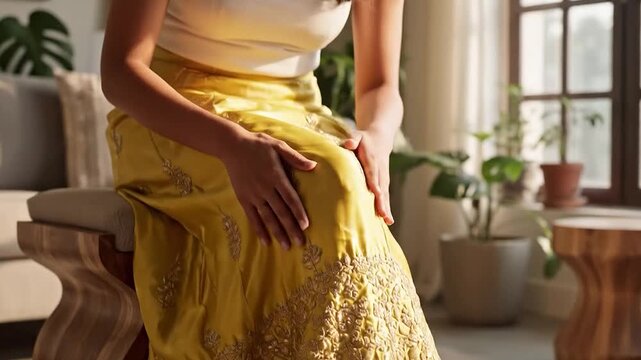 Stylish woman in an embroidered yellow silk lehnga and white top admiring and adjusting her traditional clothing in a modern, sunlit home