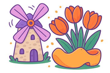 Colorful Dutch windmill and orange tulips growing from a traditional wooden clog shoe