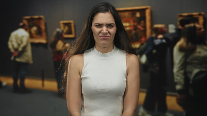 Young hispanic woman scrunches nose at paintings on white gallery walls under bright lights; disgust.