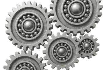 Metal gears with ball bearings interconnected on transparent background
