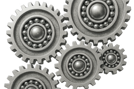 Metal gears with ball bearings interconnected on transparent background