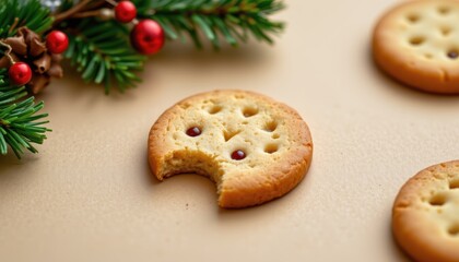 Naklejka premium Round biscuit with a bite taken out rests near festive pine branches and red holiday ornaments