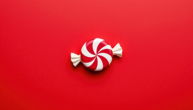 Single wrapped round peppermint candy with red and white stripes on a solid bright red background