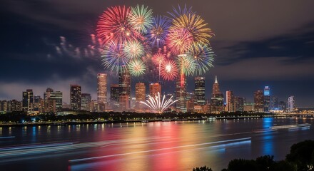 Fireworks over New York City skyline at night