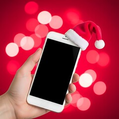 Hand holding smartphone with santa hat on red bokeh background