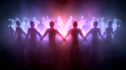 A vibrant depiction of interconnected figures, unity and collective energy amidst a colorful, ethereal backdrop, ai tech merged background