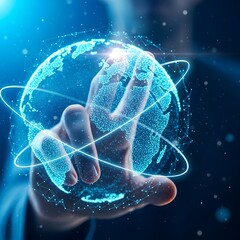 Man touching a digital globe with glowing network connection