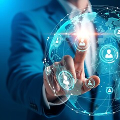 Businessman touching virtual world map, global network connection