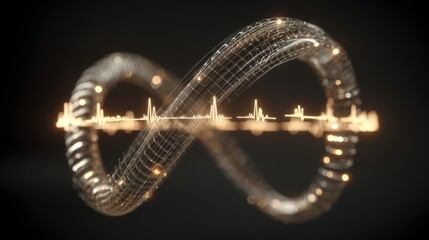 A glowing, abstract infinity symbol intertwined with a waveform, depicting a blend of technology and creativity, ai tech merged background