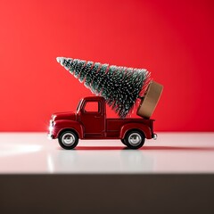 Red toy truck carrying a christmas tree on a white surface