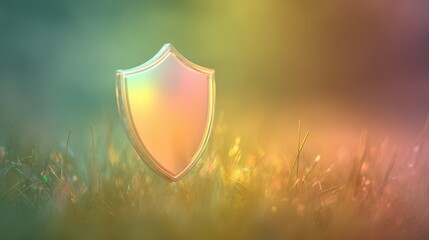 A colorful shield emblem stands out against a soft-focus grassy background, evoking themes of protection and security, ai tech merged background