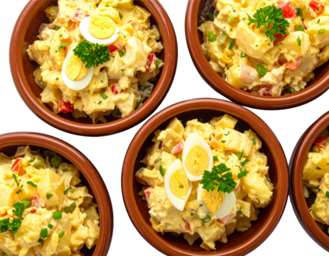 Delicious potato salad: An array of appetizing potato salad portions, beautifully presented in individual rustic bowls, offers a tantalizing visual feast.