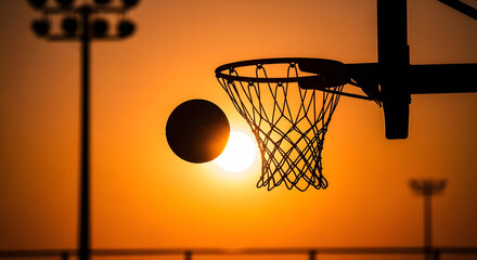 Basketball Hoop and Ball Against a Vibrant Sunset