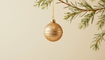Single textured gold Christmas ornament hangs from a blurred green pine branch against a beige background