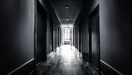 dark mysterious corridor in old building door room perspective in lonely quiet home with walkway heading to the light at the end of the way black and white style horror scene fear concept hostel