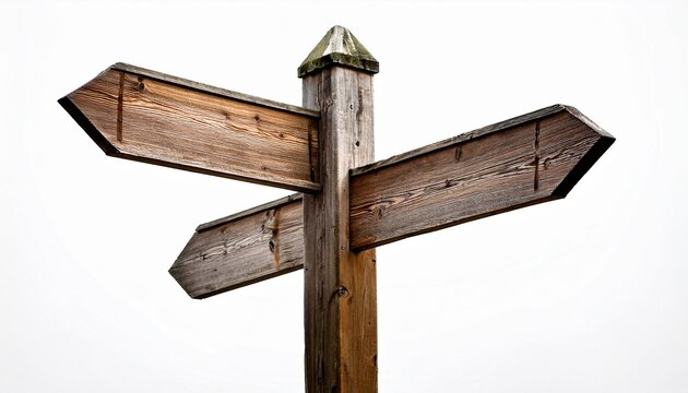 weathered wooden signpost displaying empty directional arrows against white background representing navigational choices and travel uncertainty