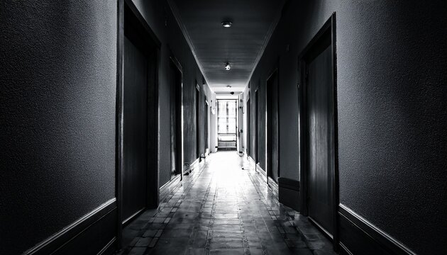 dark mysterious corridor in old building door room perspective in lonely quiet home with walkway heading to the light at the end of the way black and white style horror scene fear concept hostel