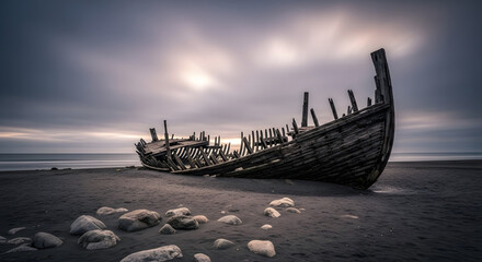 Moody Shipwreck Remains on a Dark, Overcast Beach