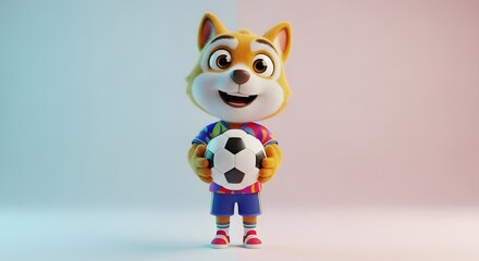 Cute 3D Cartoon Mascot Character Holding Soccer Ball