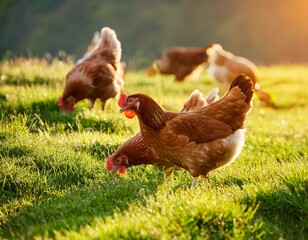 Fototapeta premium chickens pecking at fresh grass in a sunny open field