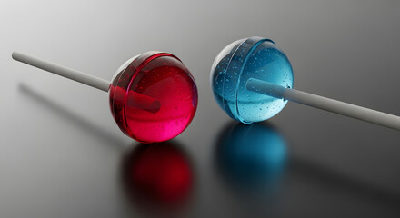 Vibrant Red and Blue Lollipops on Reflective Table