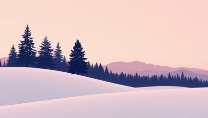 Fototapeta premium Minimalist winter landscape illustration featuring snow covered hills dark pine tree silhouettes and layered mountains