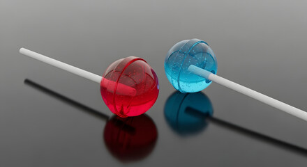 Two Red and Blue Glass Lollipops on Dark Reflective Surface