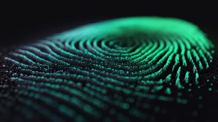 A close-up view of a digital fingerprint pattern, illuminated with green light against a dark background, intricate lines and textures, ai tech merged background