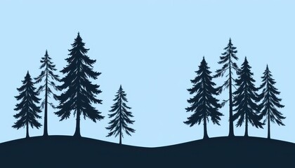 Fototapeta premium Dark blue silhouette of multiple pine trees standing on a rolling dark landscape beneath a light blue sky