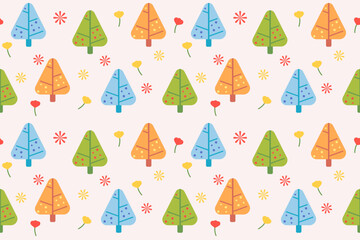 Colorful pastel pine tree and tiny flower seamless pattern.Scandinavian woodland folk design.Abstract beautiful background.Nature forest illustration for print decorate,banner,seasonal,happy holiday.