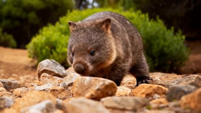 A juvenile wombat navigates rocky terrain amid vibrant greenery, perfect for wildlife conservation day