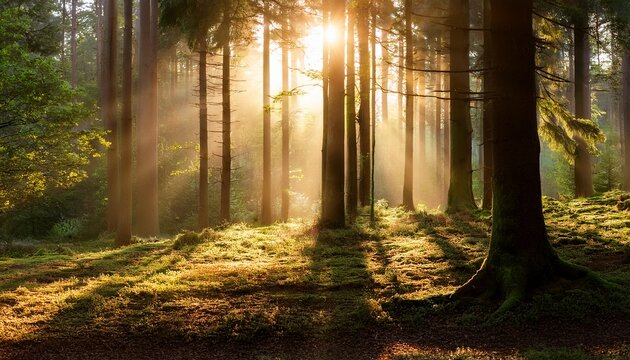 serene forest with majestic trees in morning light highlighting nature conservation success