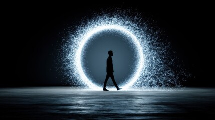 A solitary figure walks through a luminous, swirling portal, a dramatic contrast against a dark background, ai tech merged background