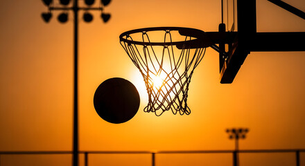 Basketball Ball Scoring Through Hoop at Sunset