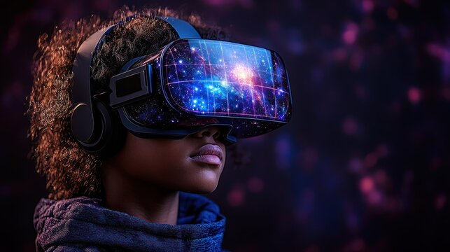 Child wearing VR headset, gazing into a cosmic virtual reality