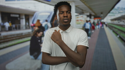 Man with crossed arms and serious gaze in front of a stationary passenger train by a modern...
