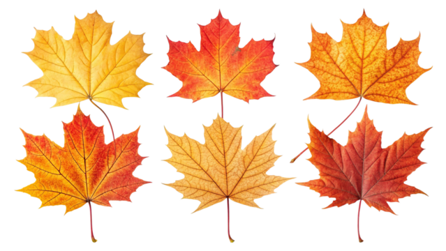 Six autumn maple leaves in various shades of yellow orange and red isolated on transparent background